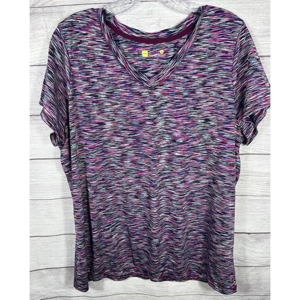 Xersion Multi-Color Space Dye V-Neck Short Sleeve Activewear Top Sporty 1X